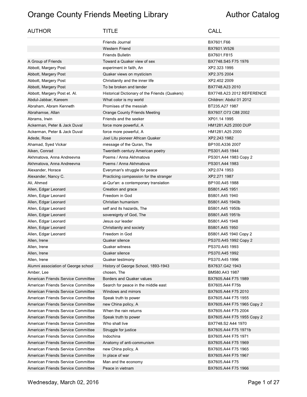 Orange County Friends Meeting Library Author Catalog