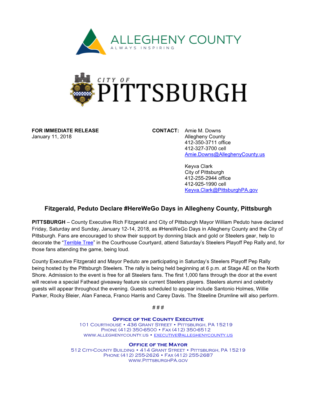 Fitzgerald, Peduto Declare #Herewego Days in Allegheny County, Pittsburgh