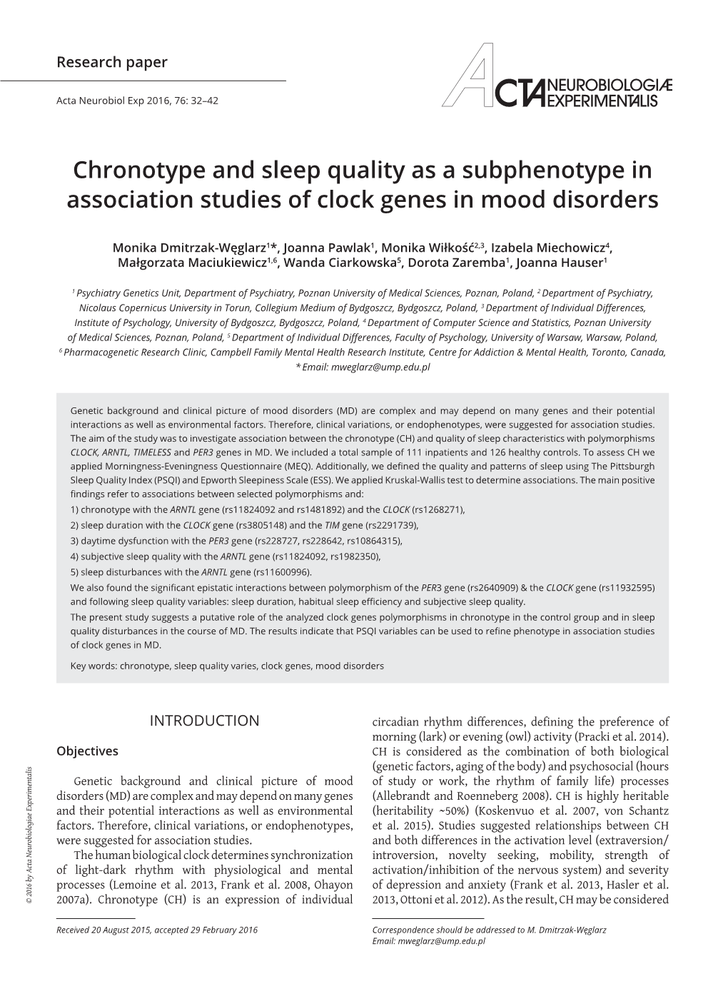 Chronotype and Sleep Quality As a Subphenotype in Association Studies of Clock Genes in Mood Disorders