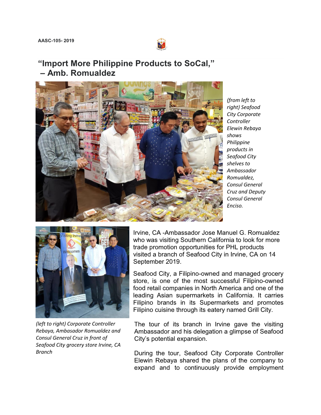 “Import More Philippine Products to Socal,” – Amb. Romualdez