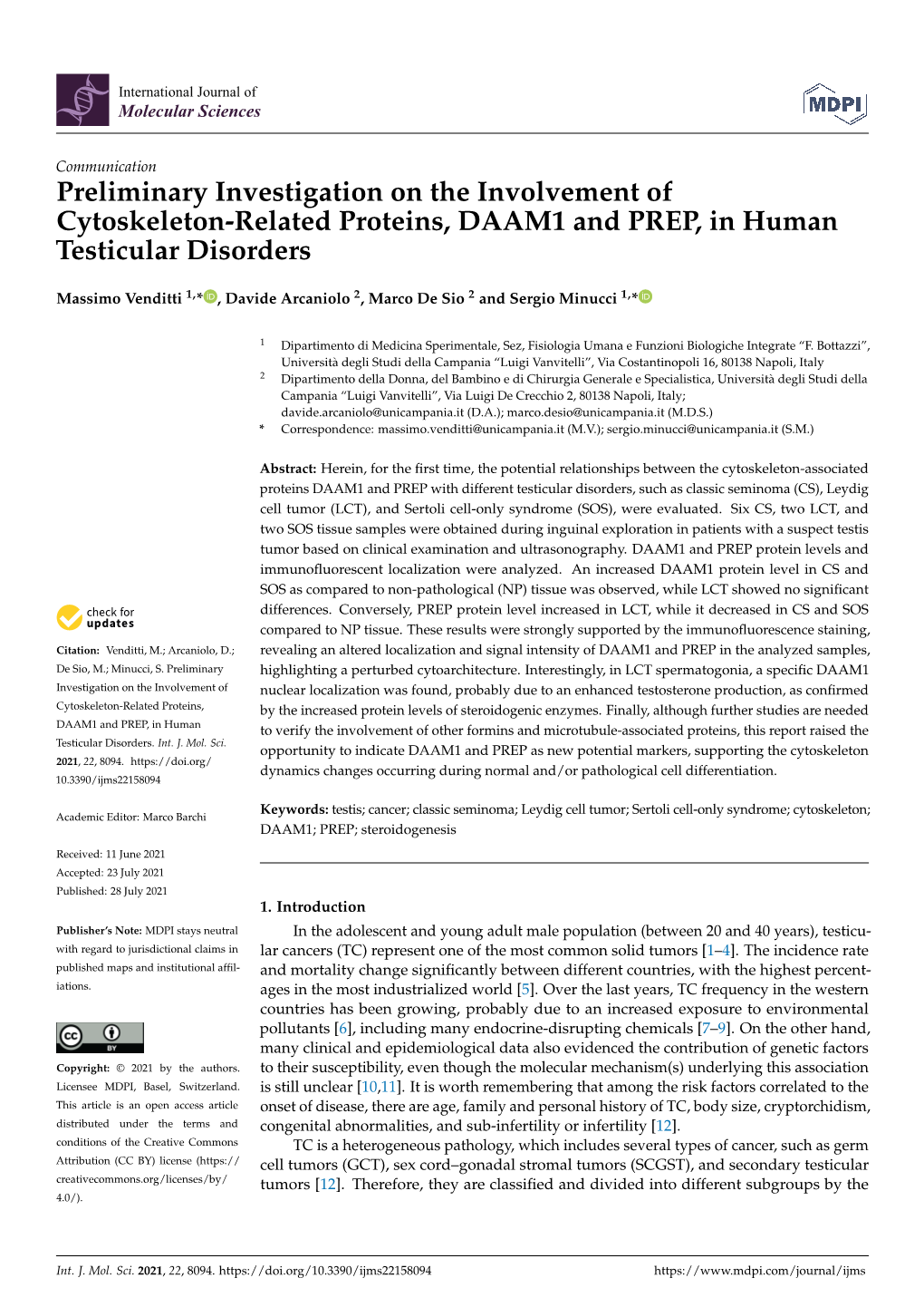 Preliminary Investigation on the Involvement of Cytoskeleton-Related Proteins, DAAM1 and PREP, in Human Testicular Disorders