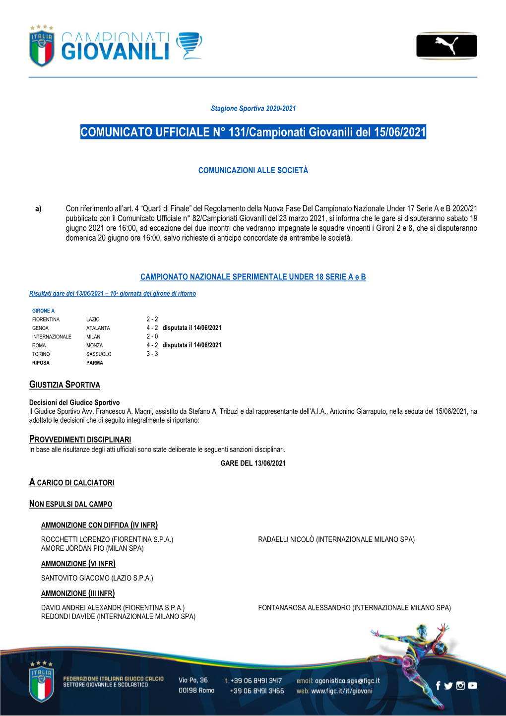 COMUNICATO UFFICIALE N° 131/Campionati Giovanili Del 15/06/2021