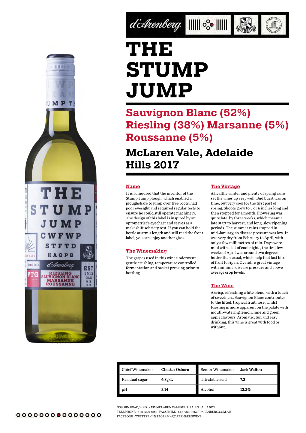THE STUMP JUMP Sauvignon Blanc (52%) Riesling (38%) Marsanne (5%) Roussanne (5%) Mclaren Vale, Adelaide Hills 2017