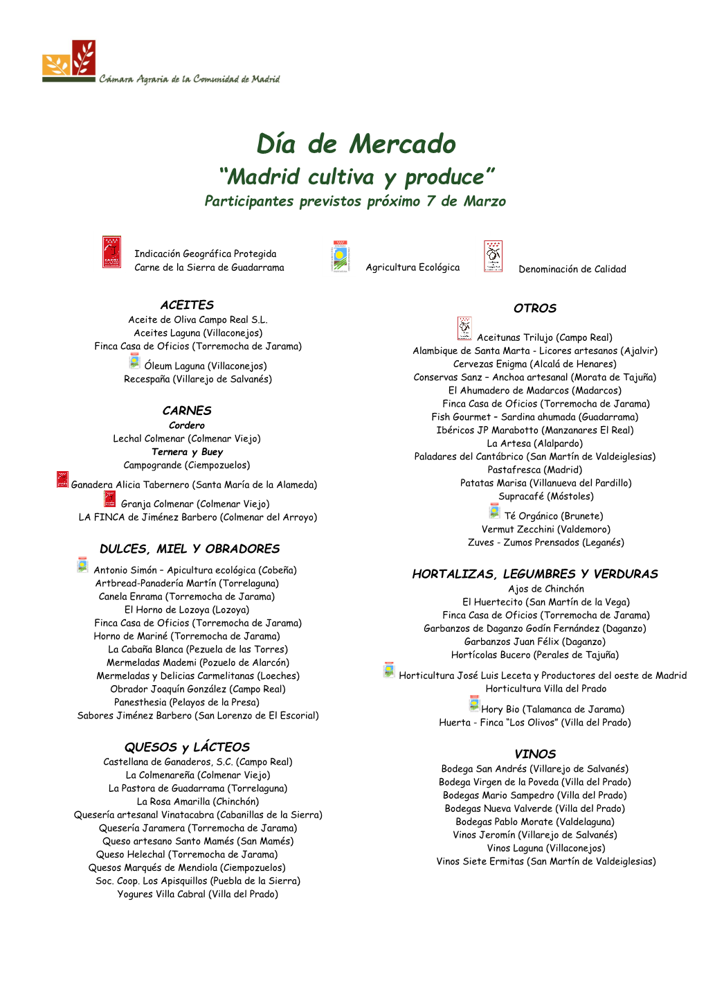 Día De Mercado “Madrid Cultiva Y Produce” Participantes Previstos Próximo 7 De Marzo