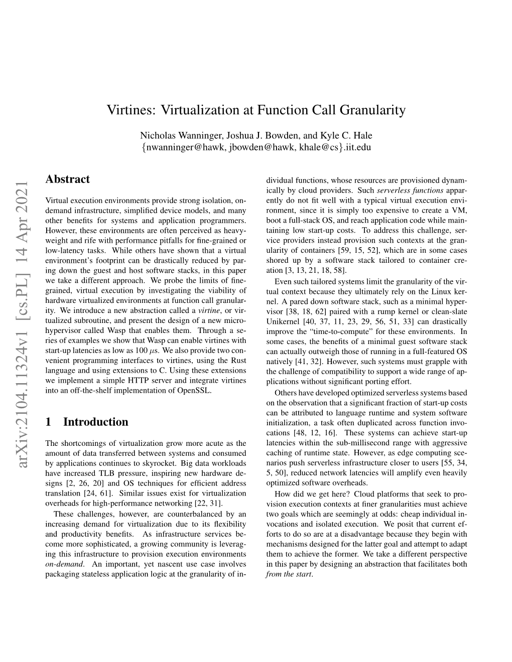 Virtines: Virtualization at Function Call Granularity