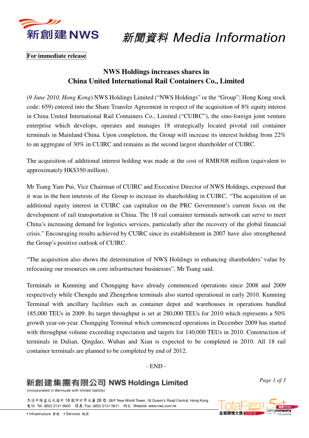 NWS Holdings Increases Shares in China United International Rail Containers Co., Limited