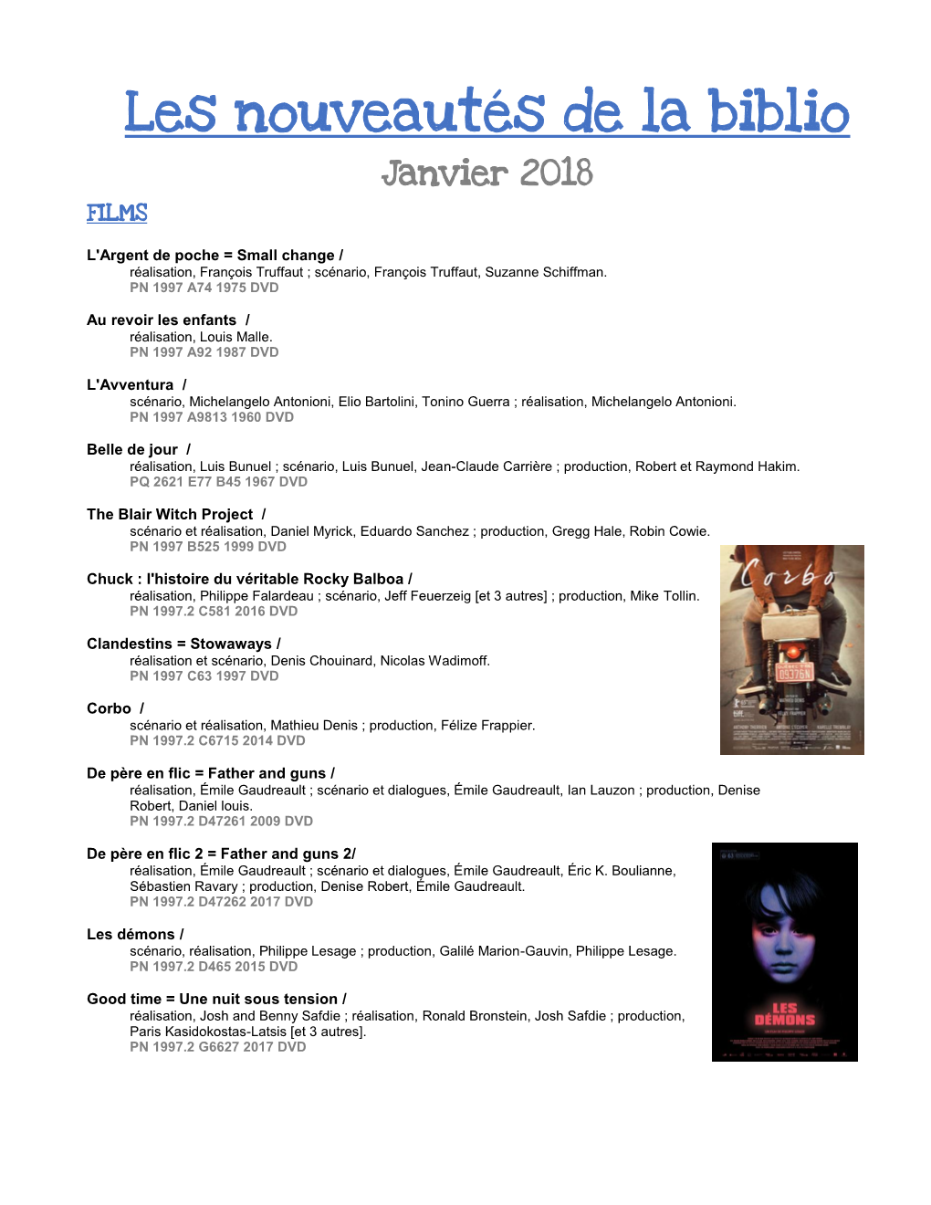 Les Nouveautés De La Biblio Janvier 2018 FILMS