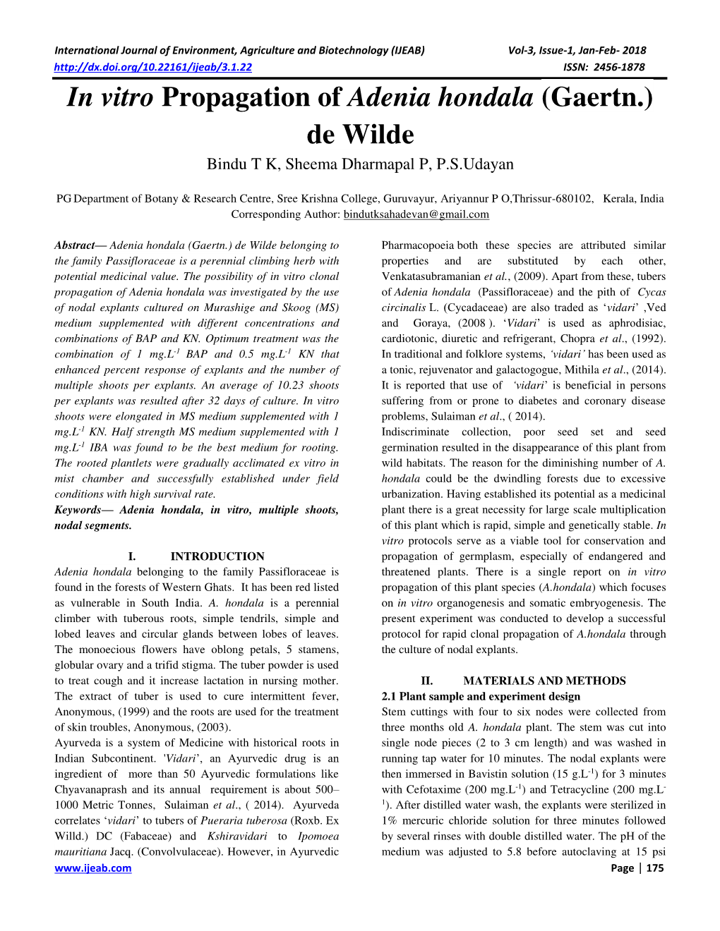 In Vitro Propagation of Adenia Hondala (Gaertn.) De Wilde Bindu T K, Sheema Dharmapal P, P.S.Udayan