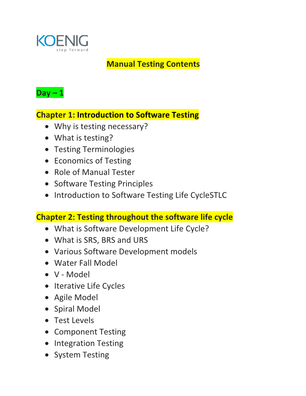 Manual Testing Contents