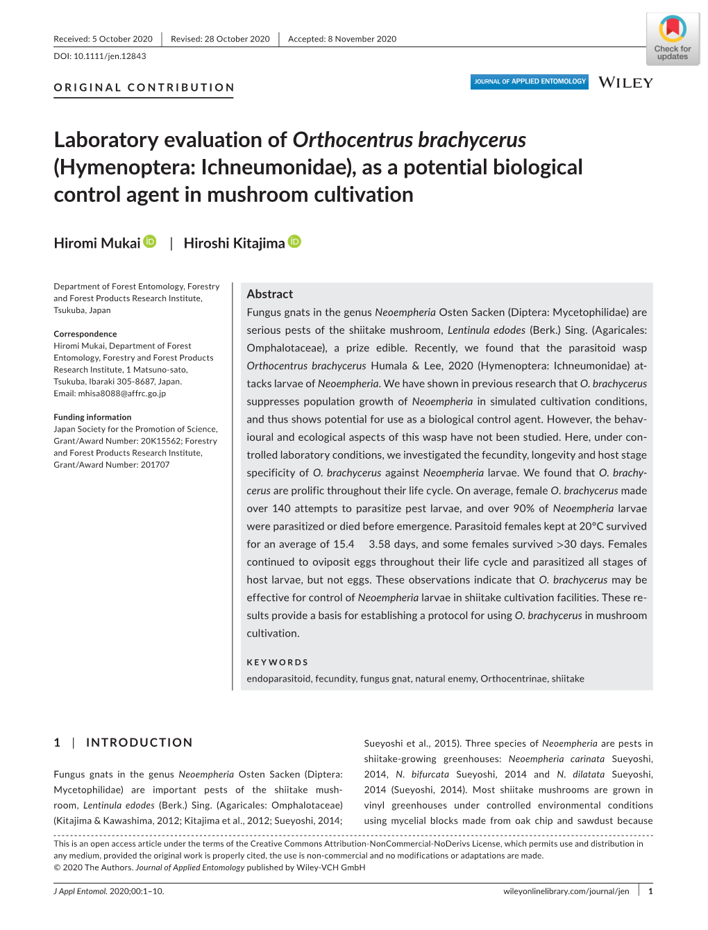 Laboratory Evaluation of Orthocentrus Brachycerus (Hymenoptera: Ichneumonidae), As a Potential Biological Control Agent in Mushroom Cultivation