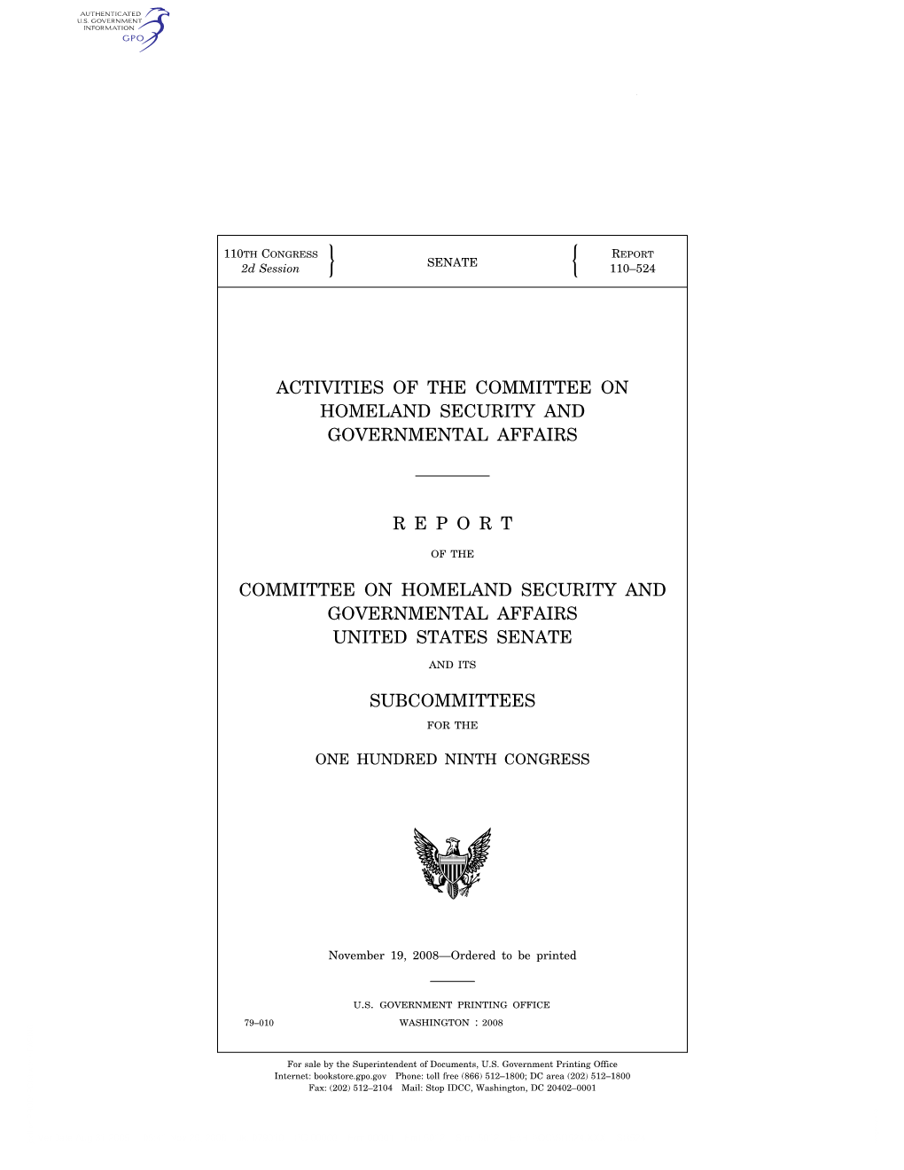 Activities of the Committee on Homeland Security and Governmental Affairs