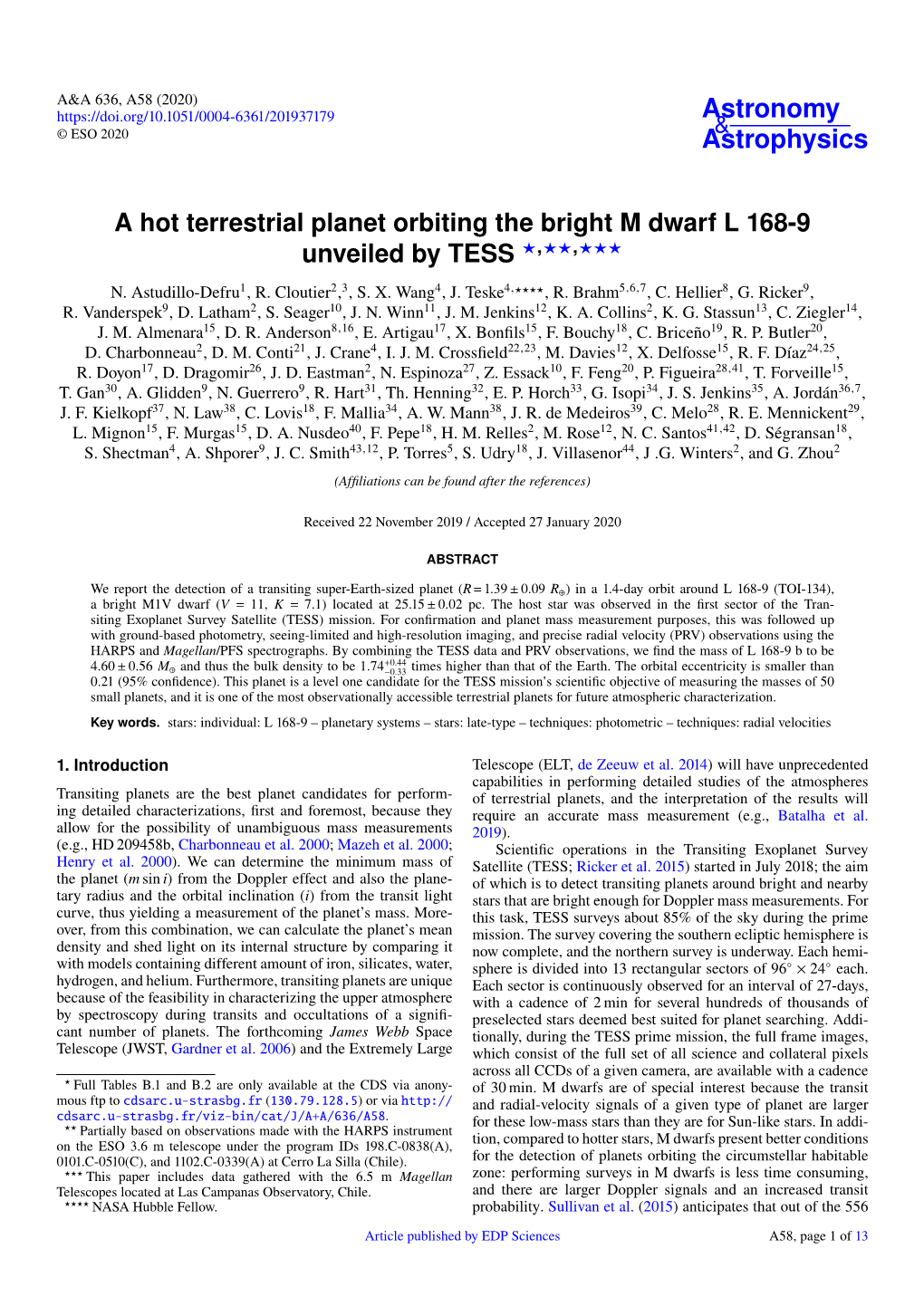 A Hot Terrestrial Planet Orbiting the Bright M Dwarf L 168-9 Unveiled by TESS ?,??,??? N