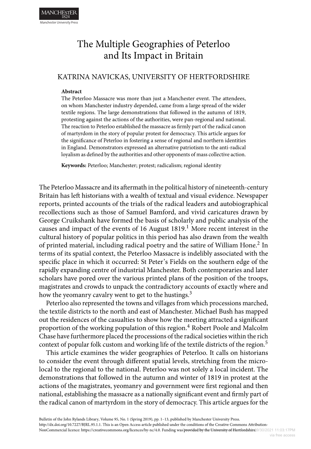 The Multiple Geographies of Peterloo and Its Impact in Britain