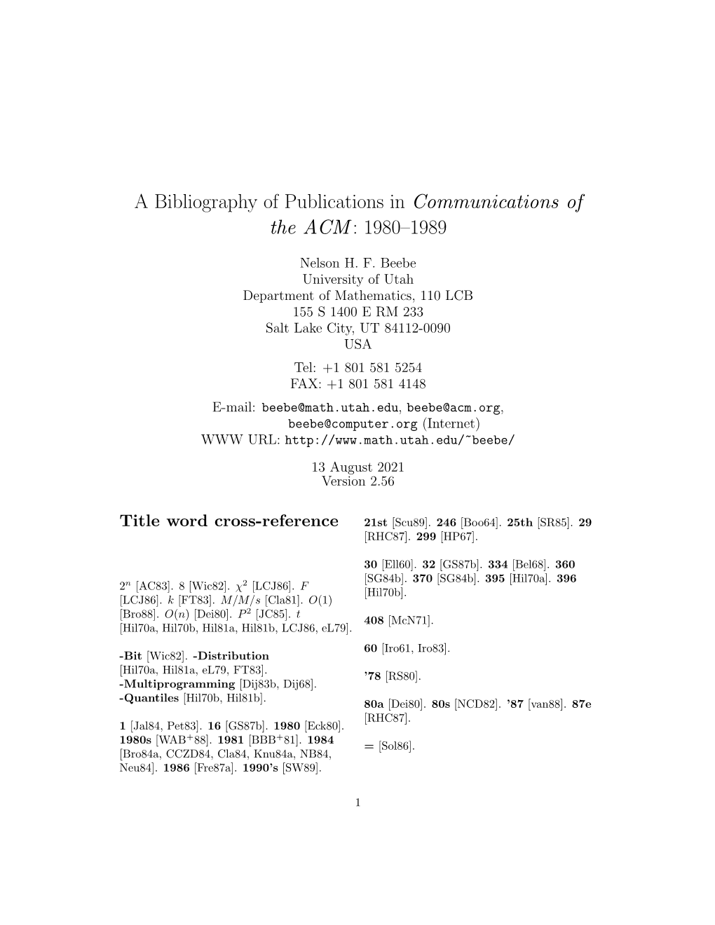 A Bibliography of Publications in Communications of the ACM: 1980–1989