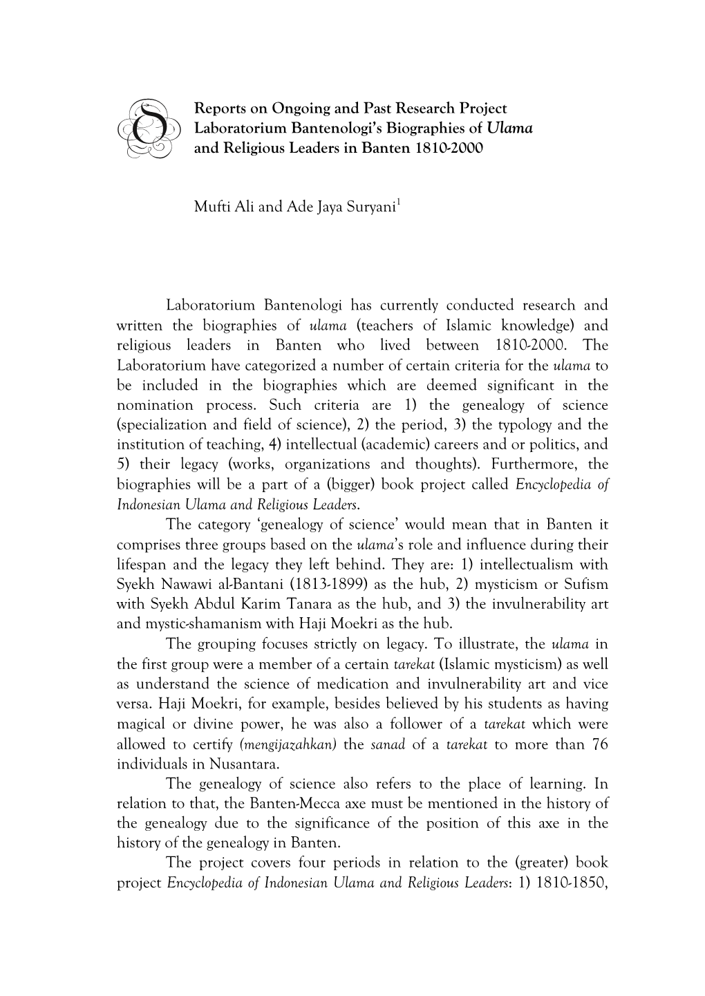 Reports on Ongoing and Past Research Project Laboratorium Bantenologi’S Biographies of Ulama and Religious Leaders in Banten 1810-2000