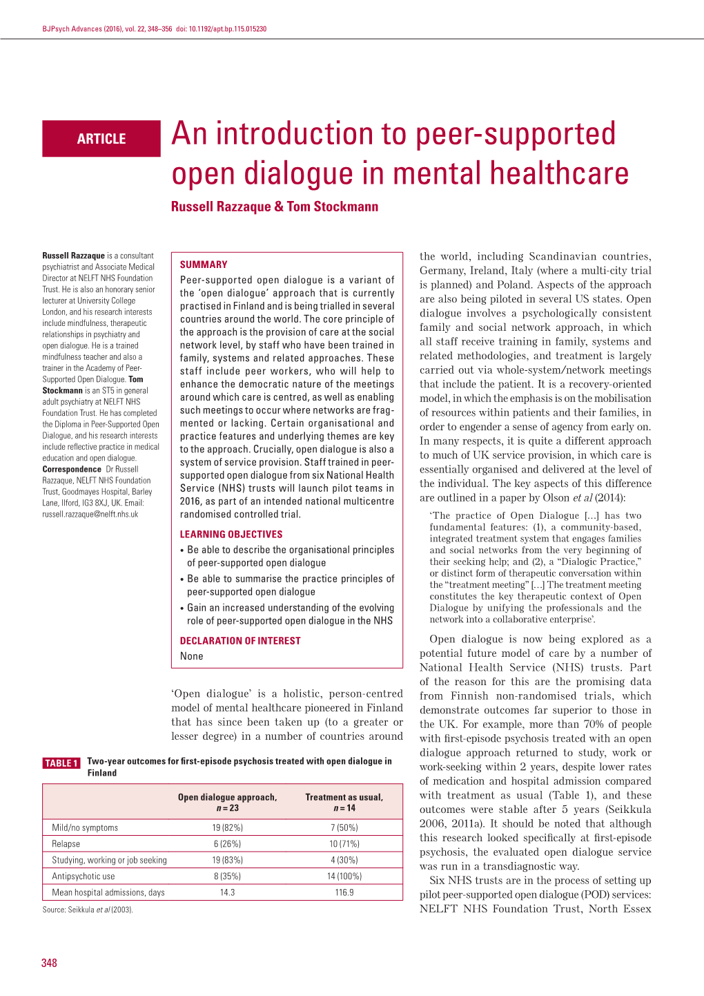 An Introduction to Peer-Supported Open Dialogue in Mental Healthcare Russell Razzaque & Tom Stockmann