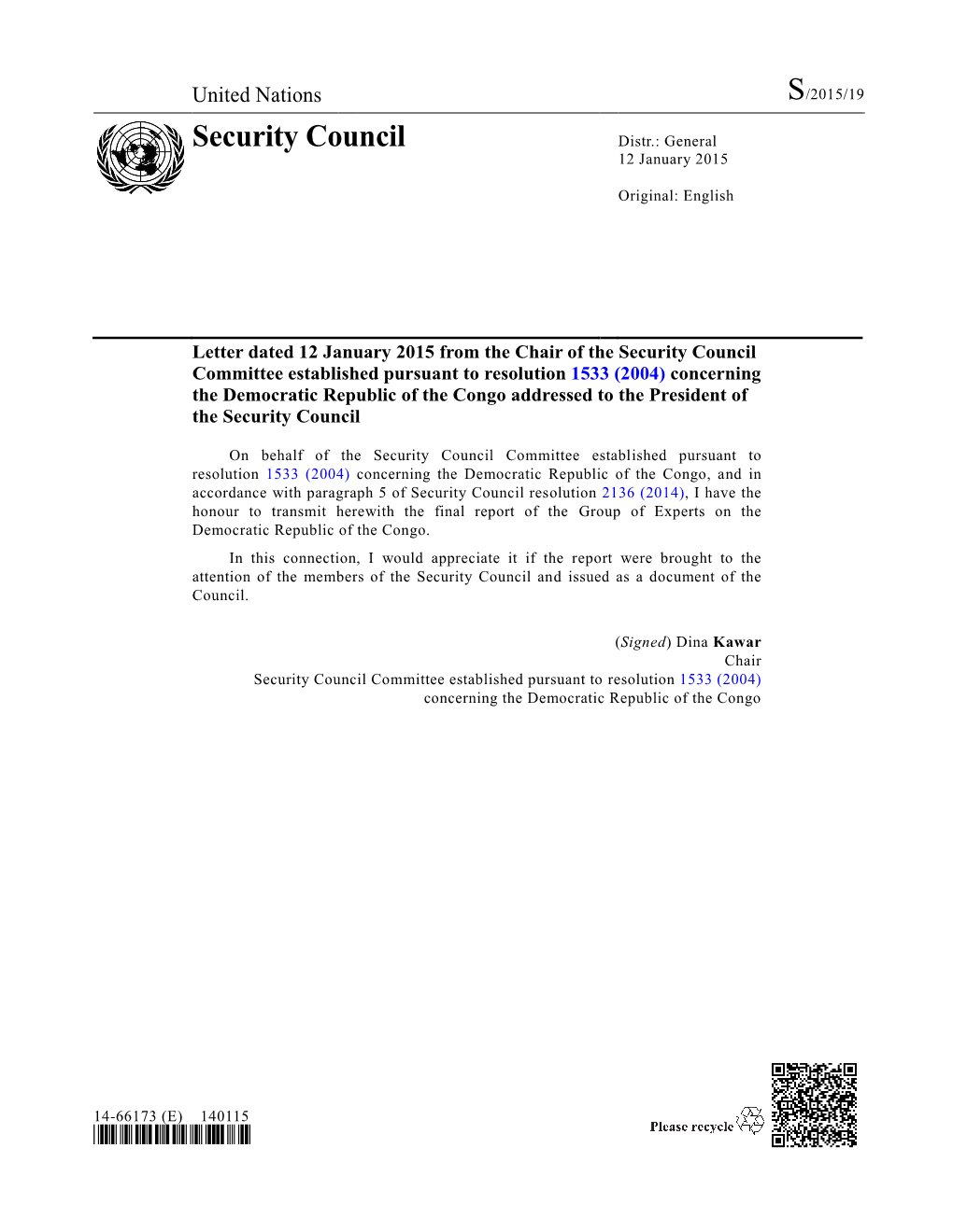 S/2015/19 Security Council