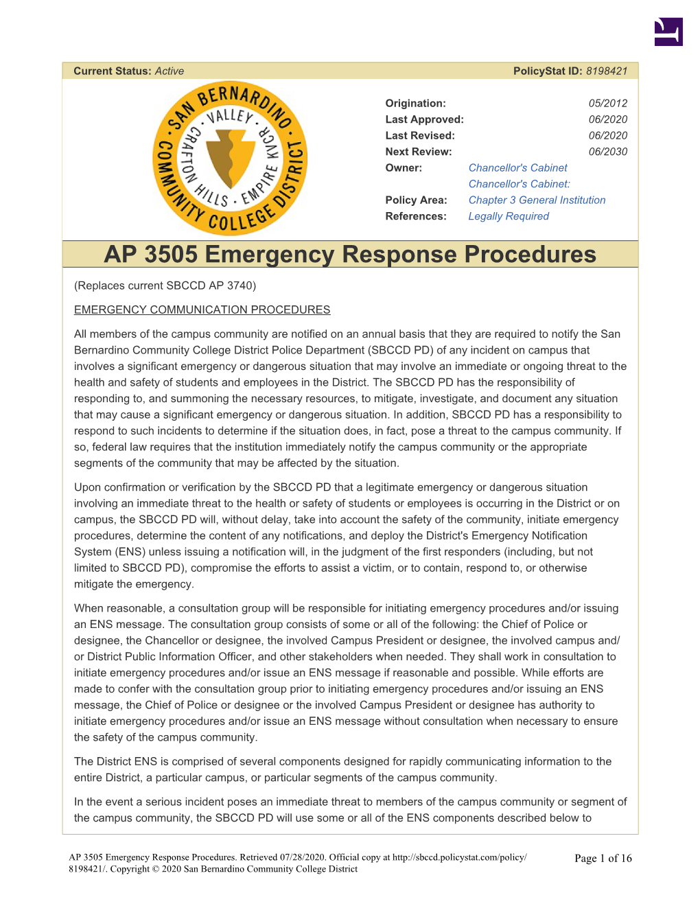 AP 3505 Emergency Response Procedures