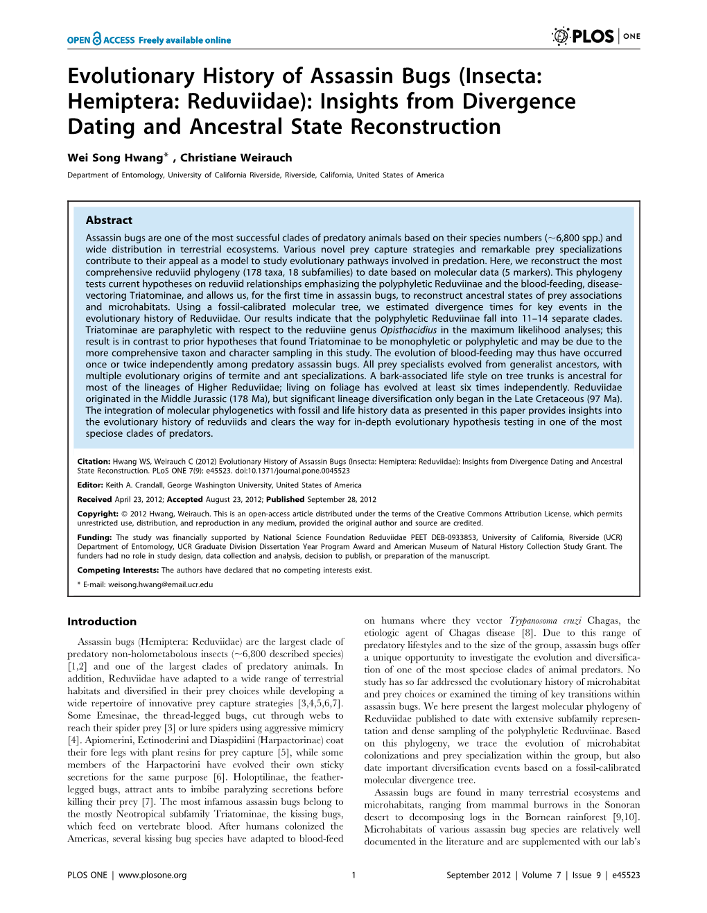 Evolutionary History of Assassin Bugs (Insecta: Hemiptera: Reduviidae): Insights from Divergence Dating and Ancestral State Reconstruction