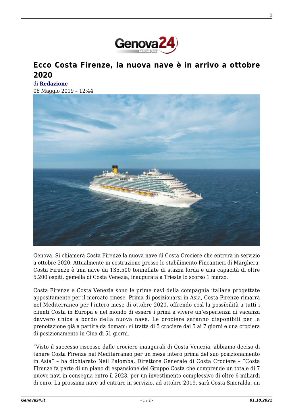 Ecco Costa Firenze, La Nuova Nave È in Arrivo a Ottobre 2020 Di Redazione 06 Maggio 2019 – 12:44