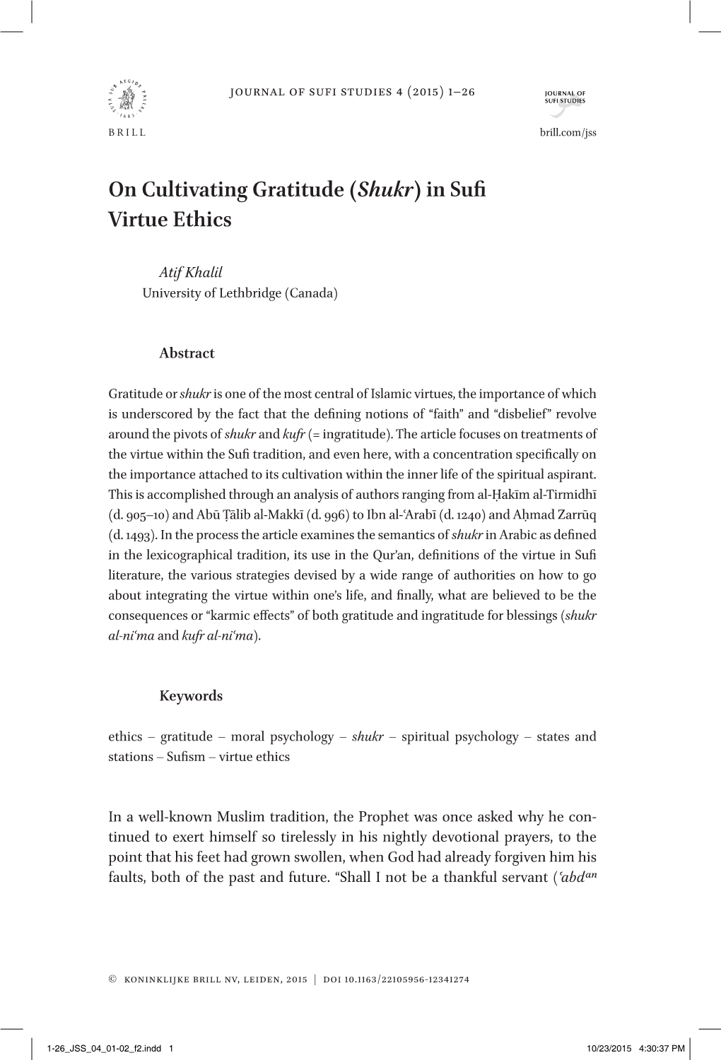 On Cultivating Gratitude (Shukr) in Sufi Virtue Ethics