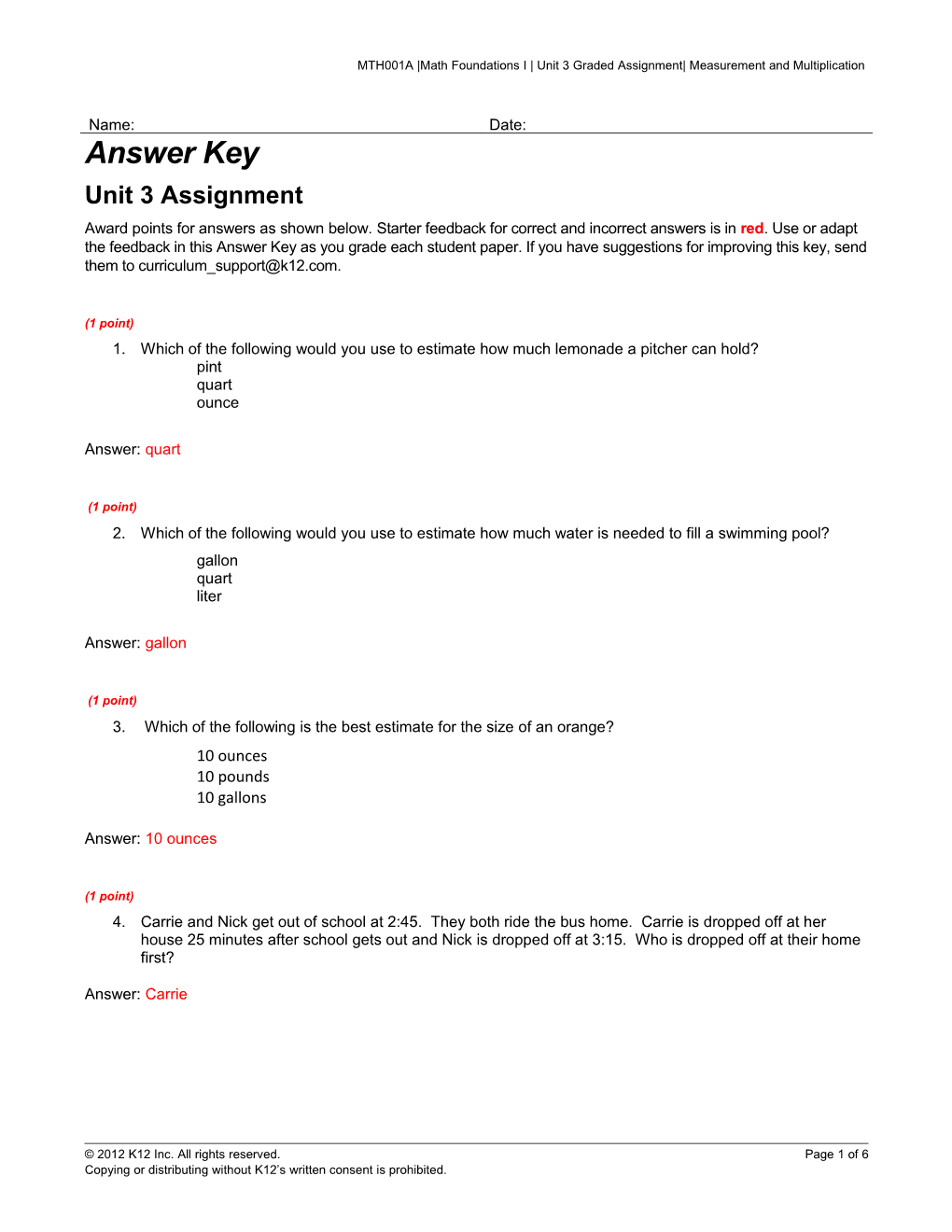 MTH001A Math Foundations I Unit 3 Graded Assignment Measurement and Multiplication