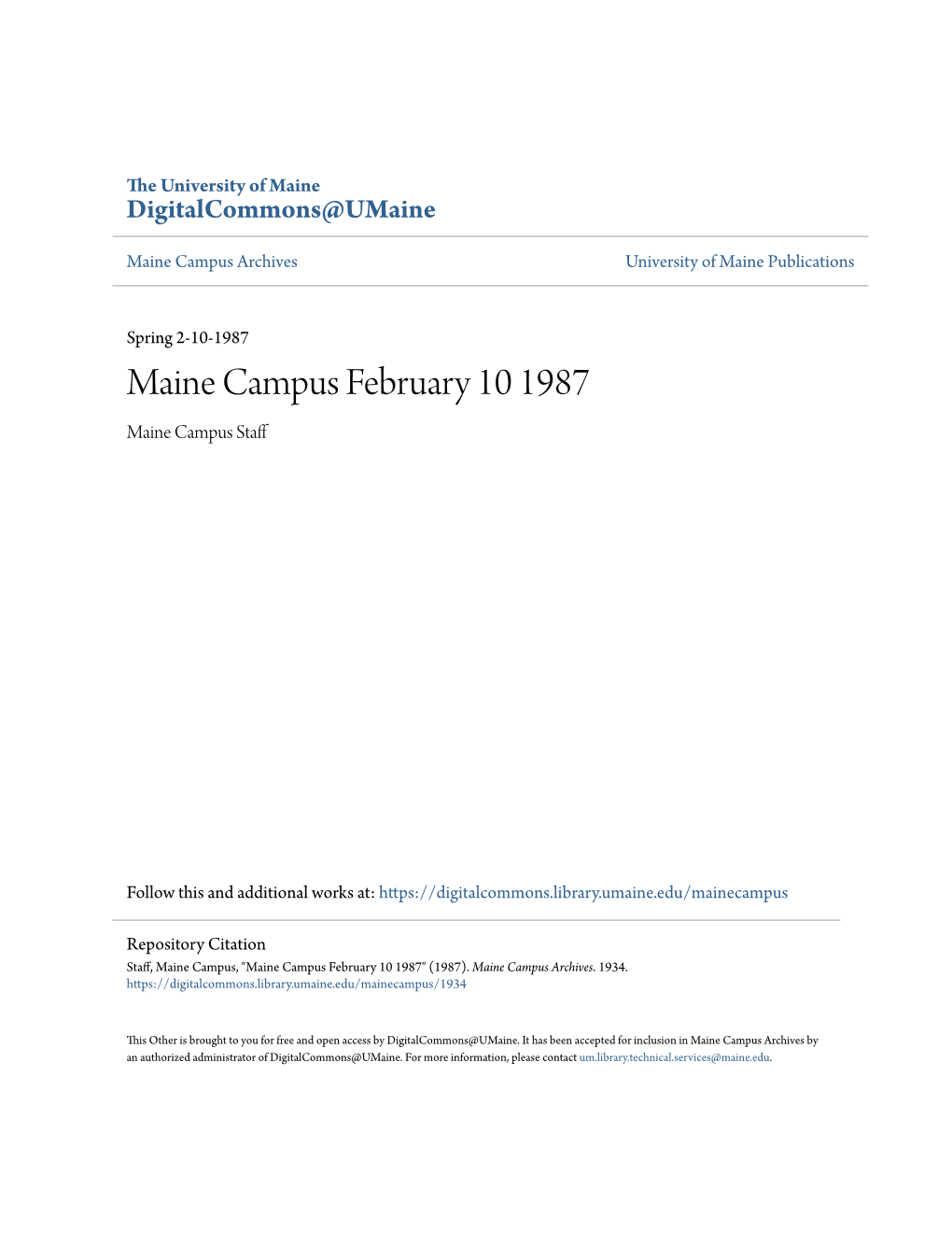 Maine Campus February 10 1987 Maine Campus Staff