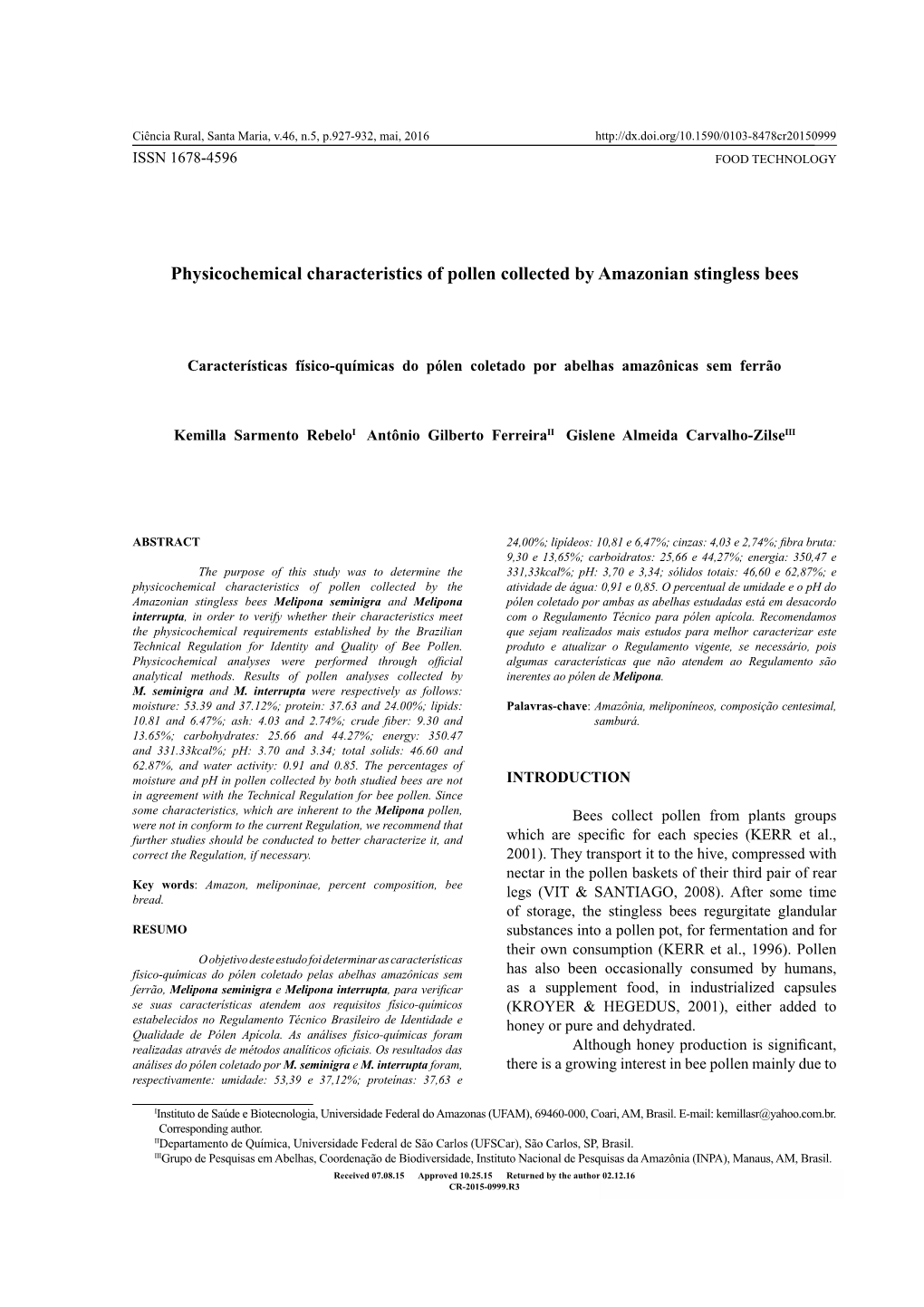 Physicochemical Characteristics of Pollen Collected by Amazonian Stingless Bees