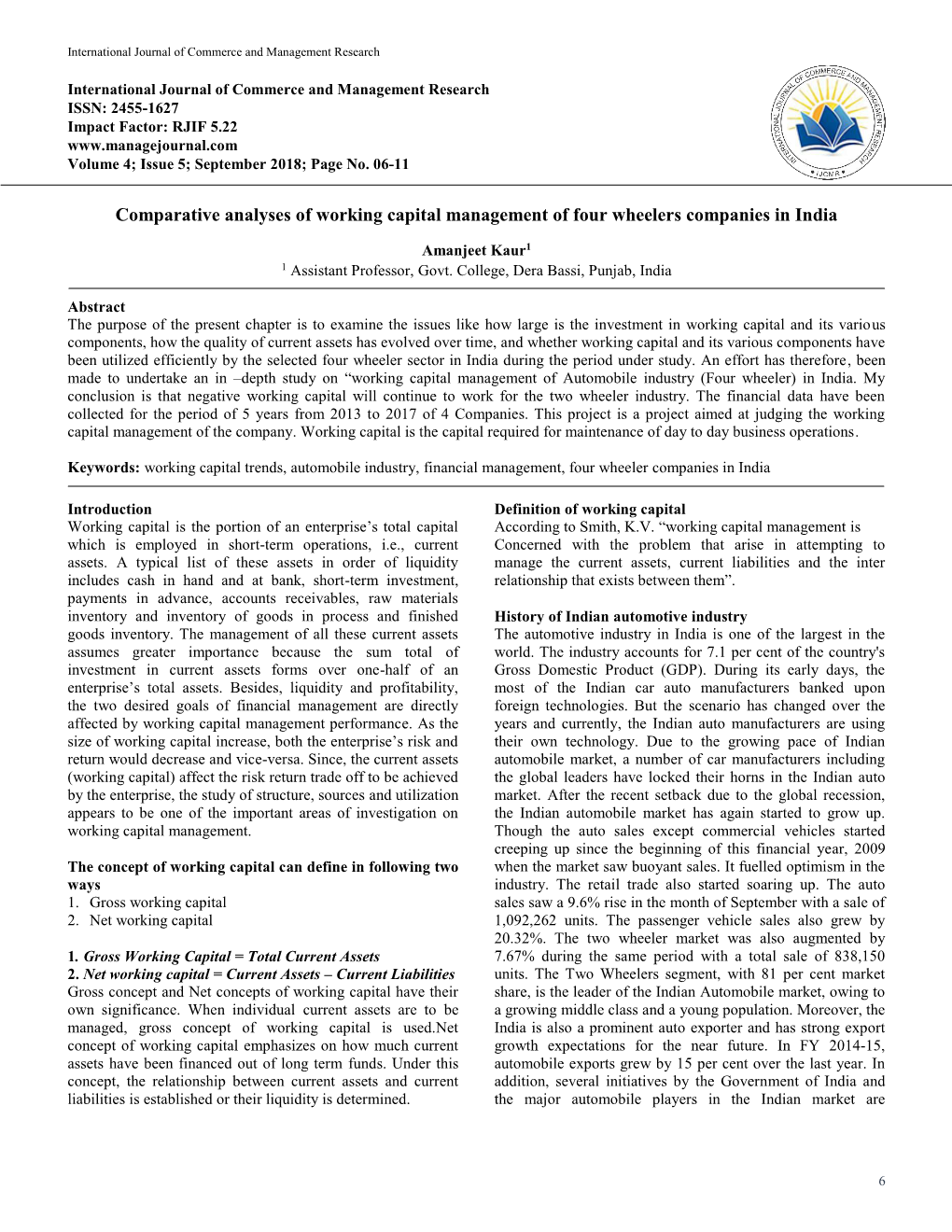 Comparative Analyses of Working Capital Management of Four Wheelers Companies in India