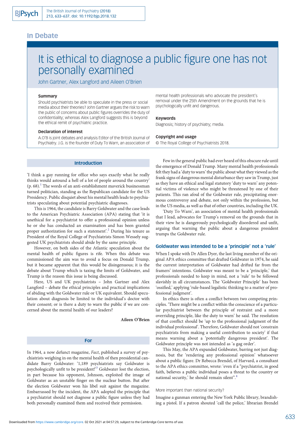 It Is Ethical to Diagnose a Public Figure One Has Not Personally Examined John Gartner, Alex Langford and Aileen O’Brien