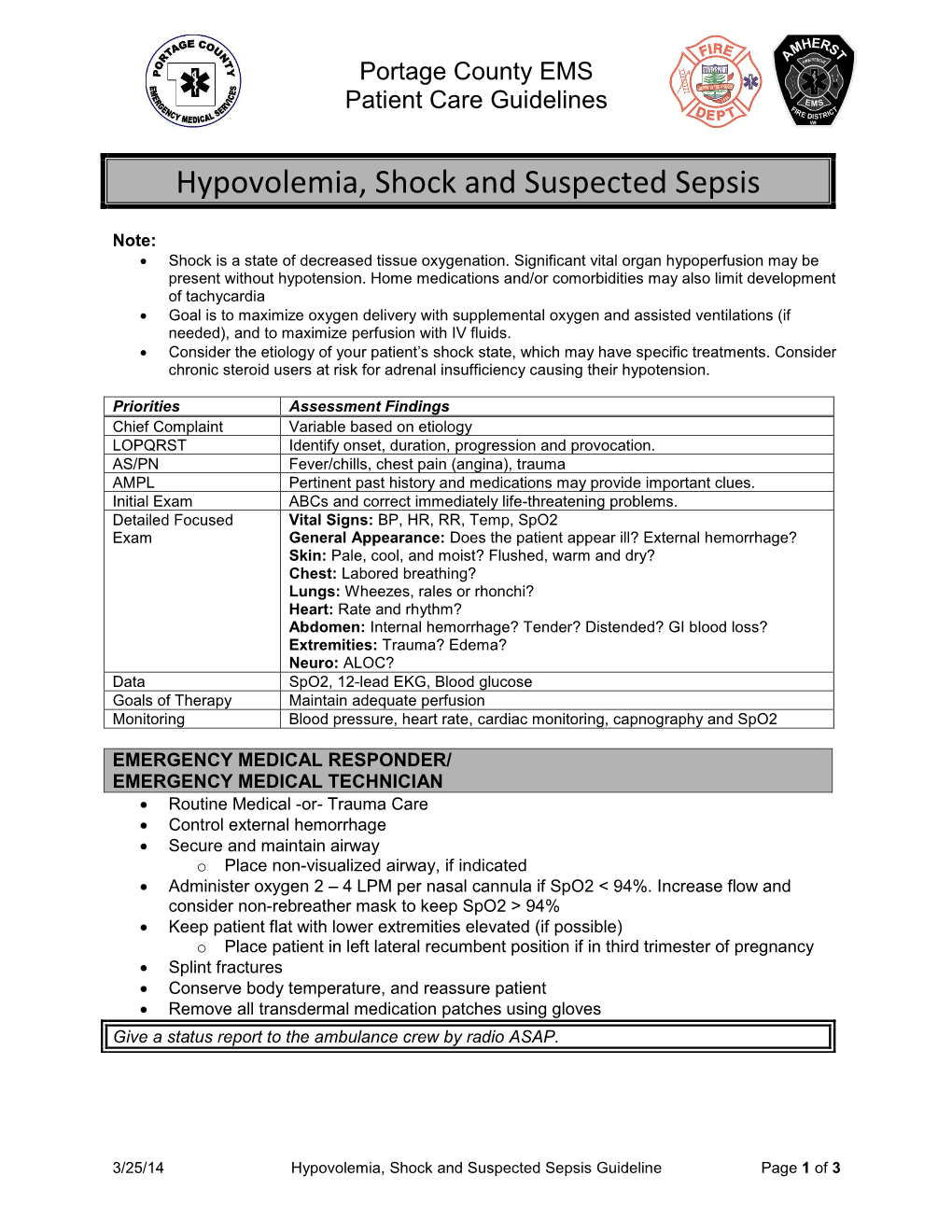 Hypovolemia, Shock and Suspected Sepsis