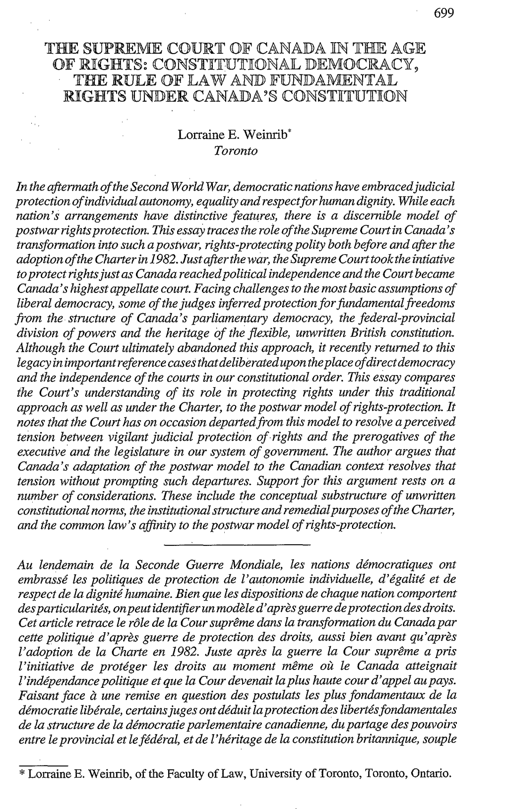 The Suprienie Court ®F Canada in the Age E Rule of Law and Fundaniental Ts Under Canada's Constitution