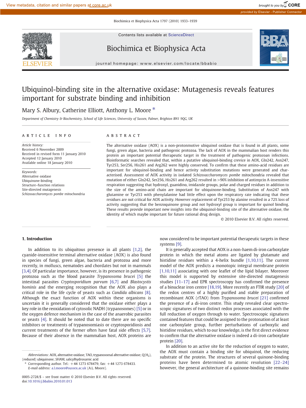 Ubiquinol-Binding Site in the Alternative Oxidase: Mutagenesis Reveals Features Important for Substrate Binding and Inhibition