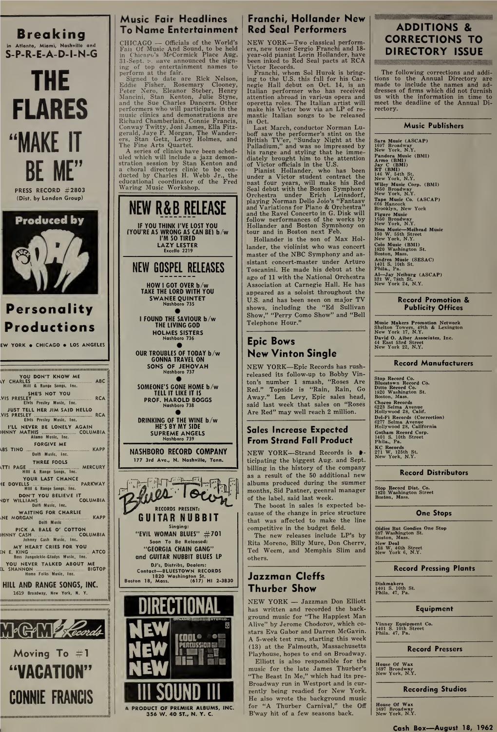 FLARES Music Clinics and Demonstrations Are Mantic Italian Songs to Be Released Richard Chamberlain, Connie Francis, in Oct