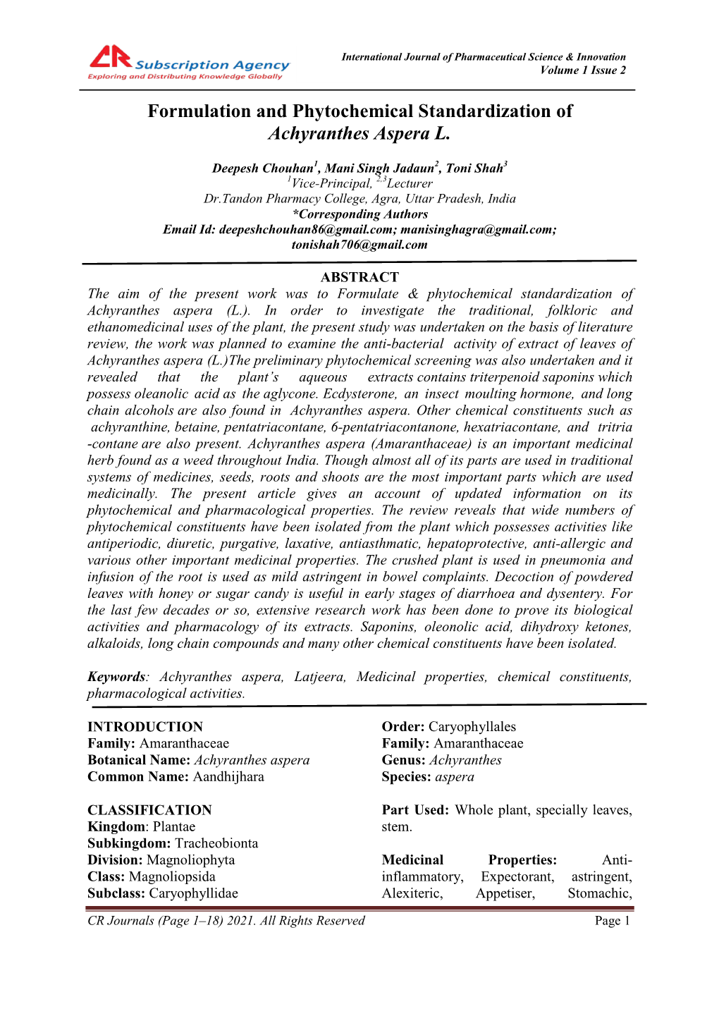 Formulation and Phytochemical Standardization of Achyranthes Aspera L