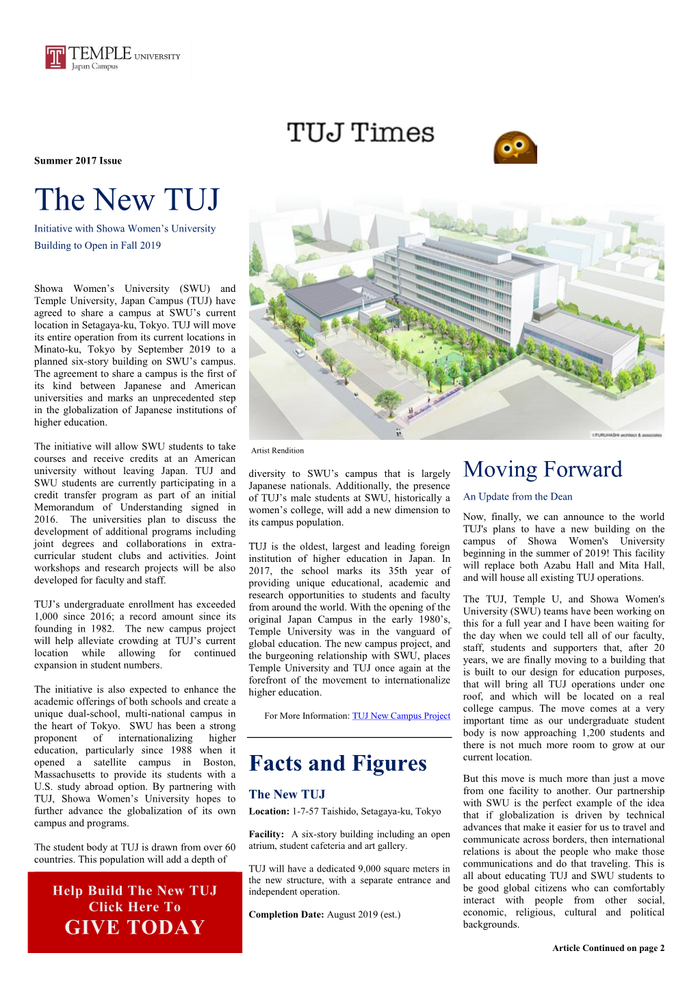The New TUJ Initiative with Showa Women’S University Building to Open in Fall 2019