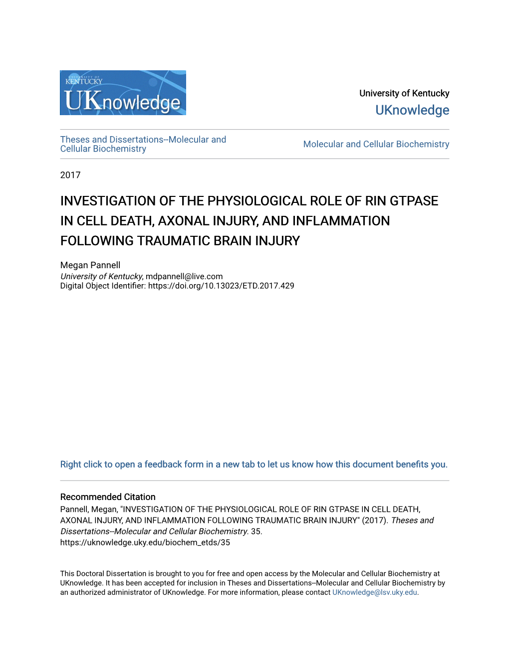 Investigation of the Physiological Role of Rin Gtpase in Cell Death, Axonal Injury, and Inflammation Following Traumatic Brain Injury