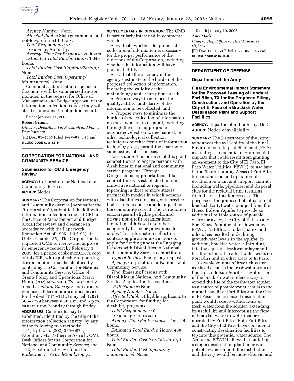 Federal Register/Vol. 70, No. 18/Friday, January 28, 2005/Notices