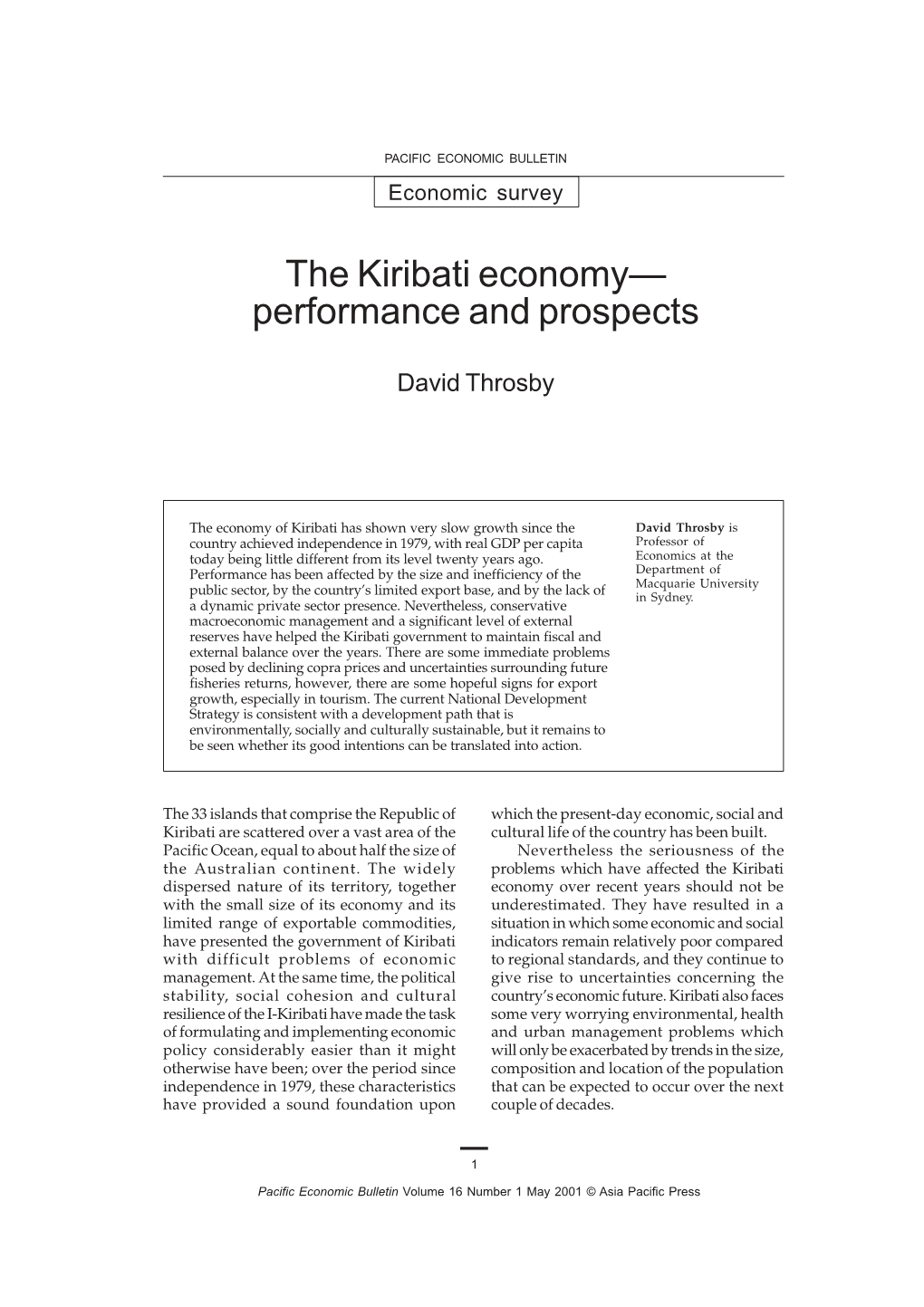 The Kiribati Economy— Performance and Prospects