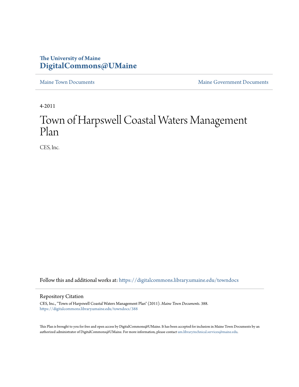 Town of Harpswell Coastal Waters Management Plan CES, Inc
