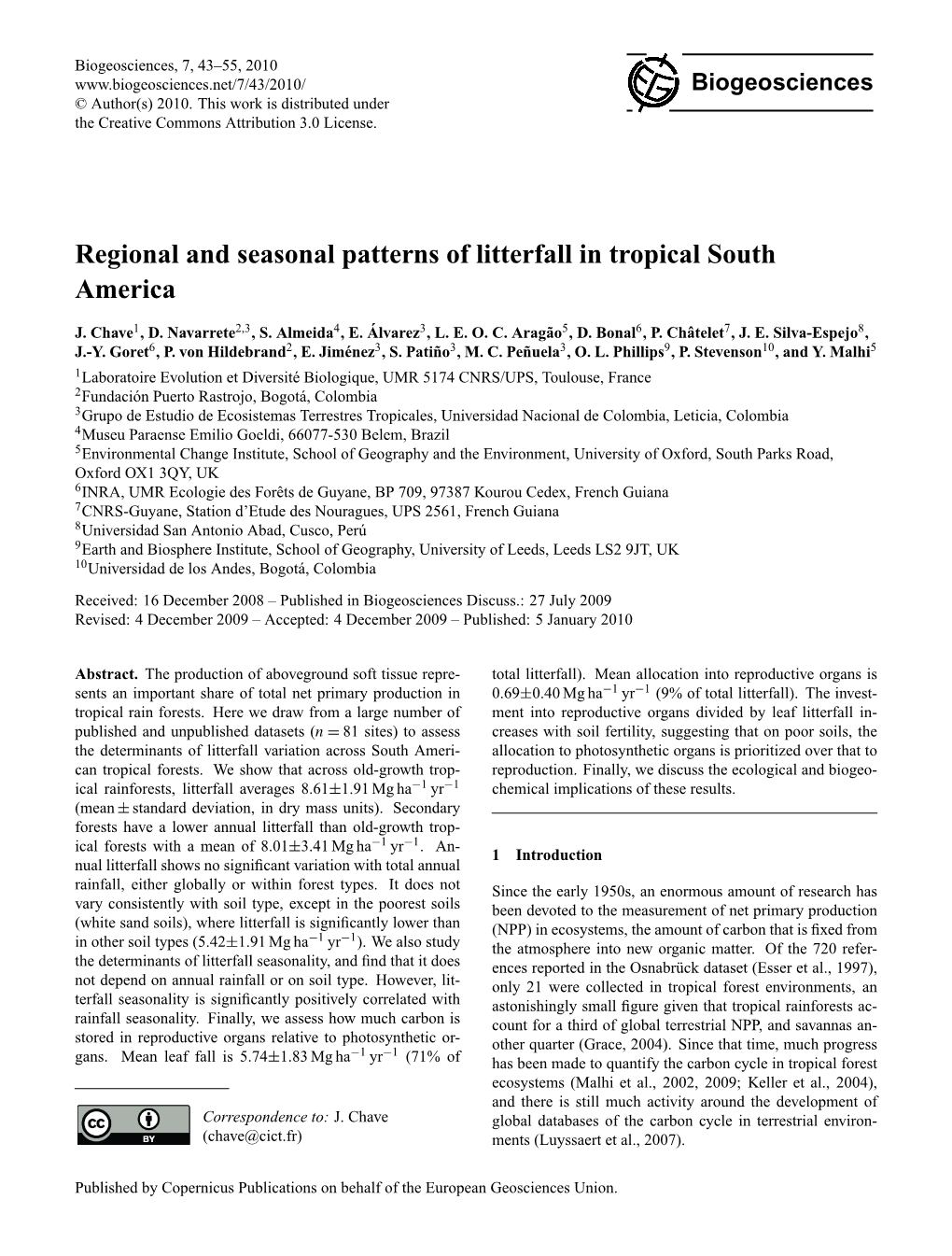 Regional and Seasonal Patterns of Litterfall in Tropical South America