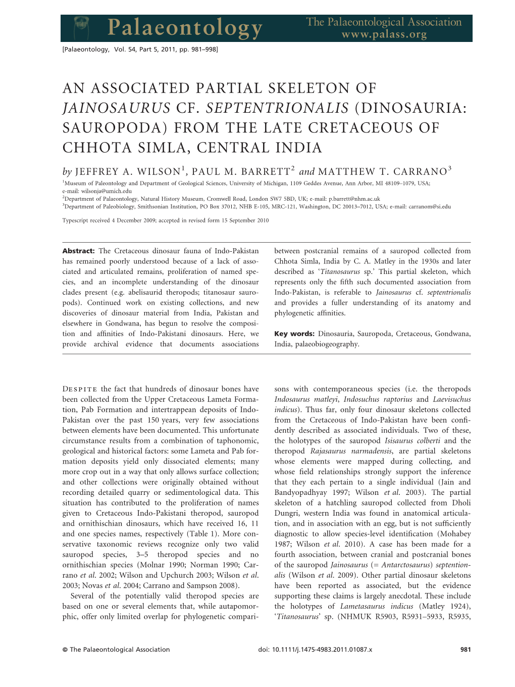 FROM the LATE CRETACEOUS of CHHOTA SIMLA, CENTRAL INDIA by JEFFREY A