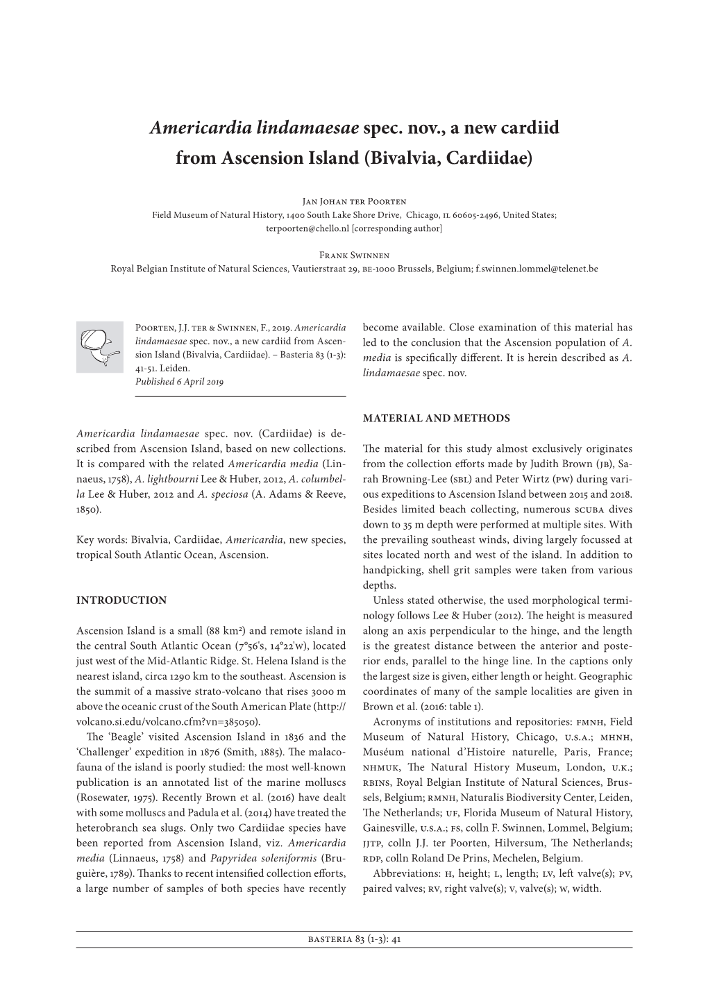 Americardia Lindamaesae Spec. Nov., a New Cardiid from Ascension Island (Bivalvia, Cardiidae)