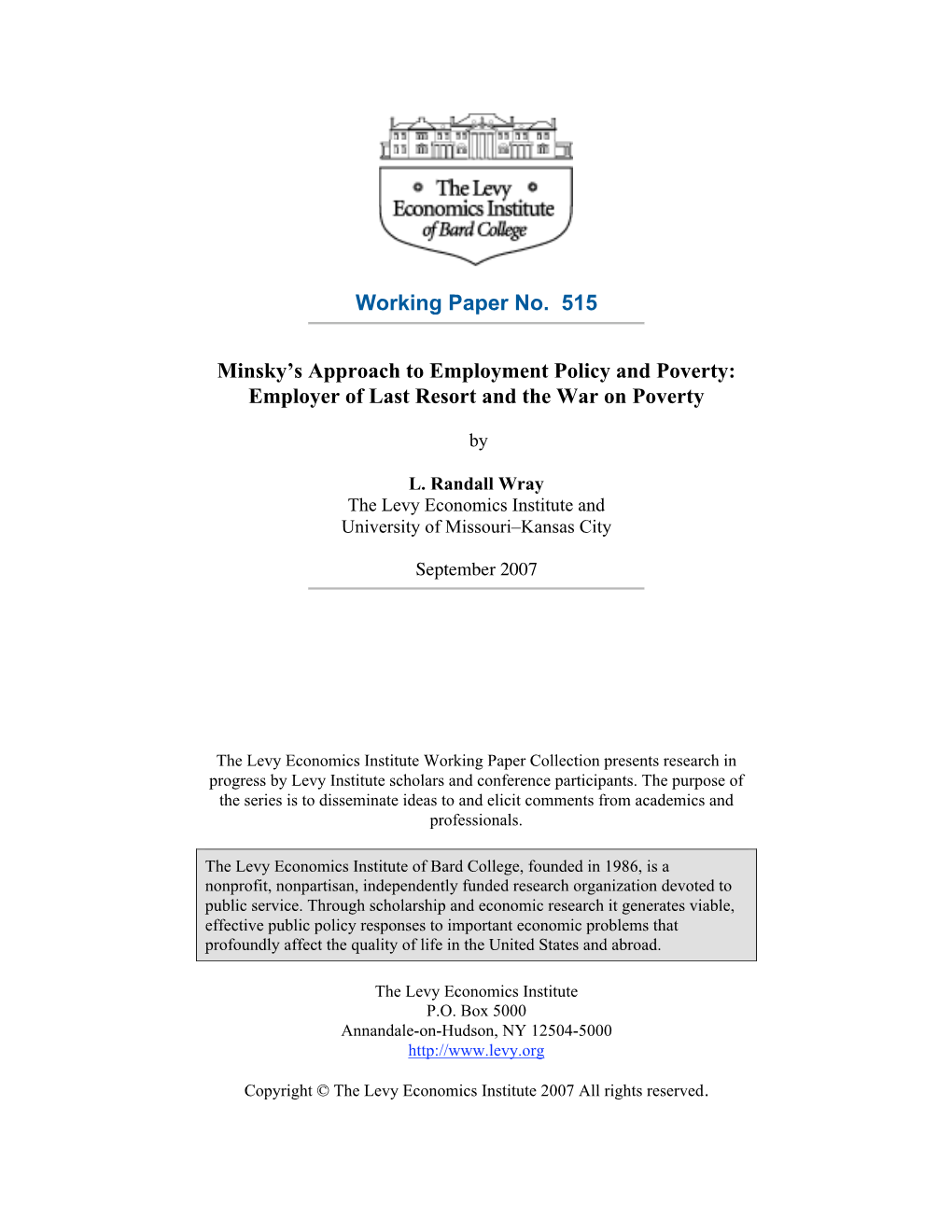 Working Paper No. 515 Minsky's Approach to Employment Policy