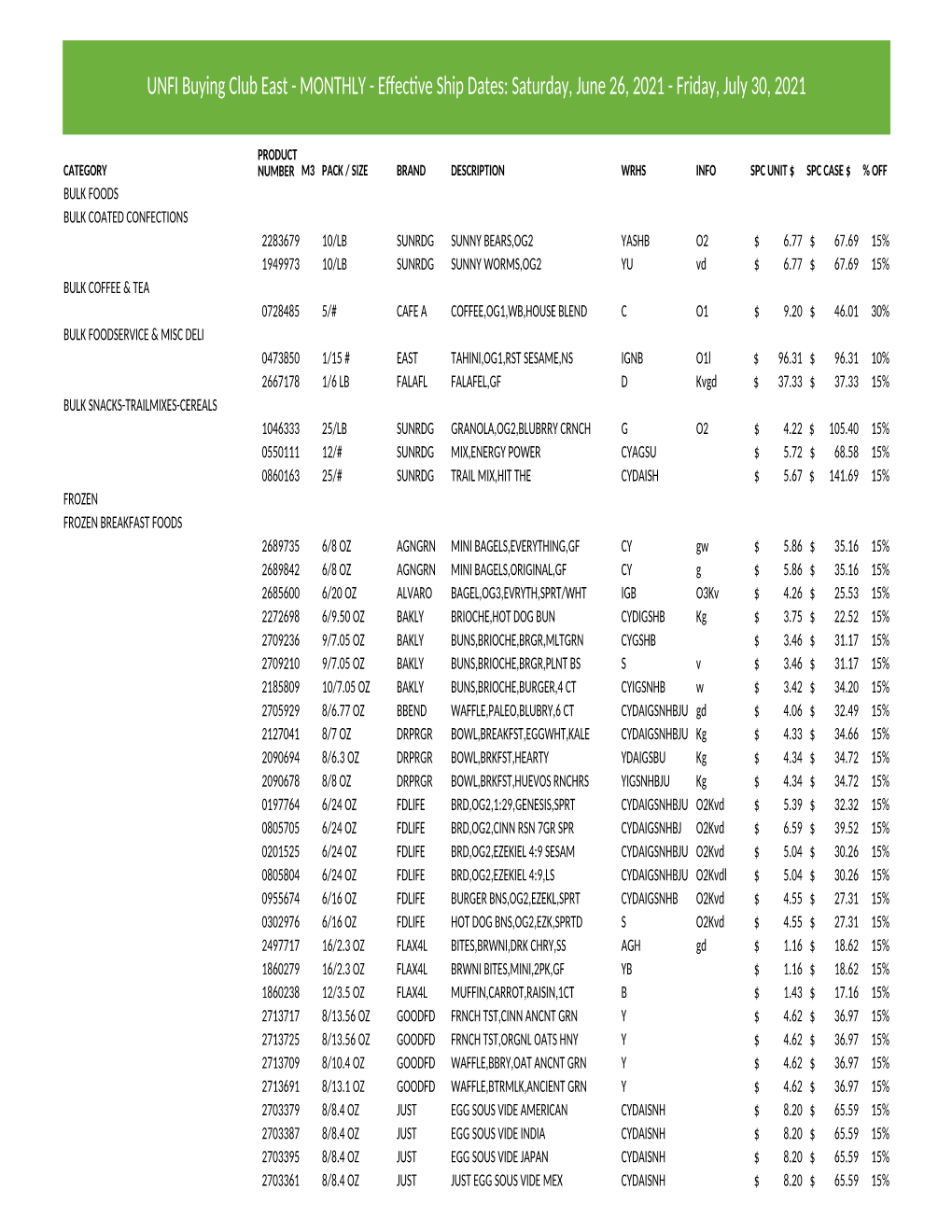 UNFI Buying Club East - MONTHLY - Eﬀec�Ve Ship Dates: Saturday, June 26, 2021 - Friday, July 30, 2021