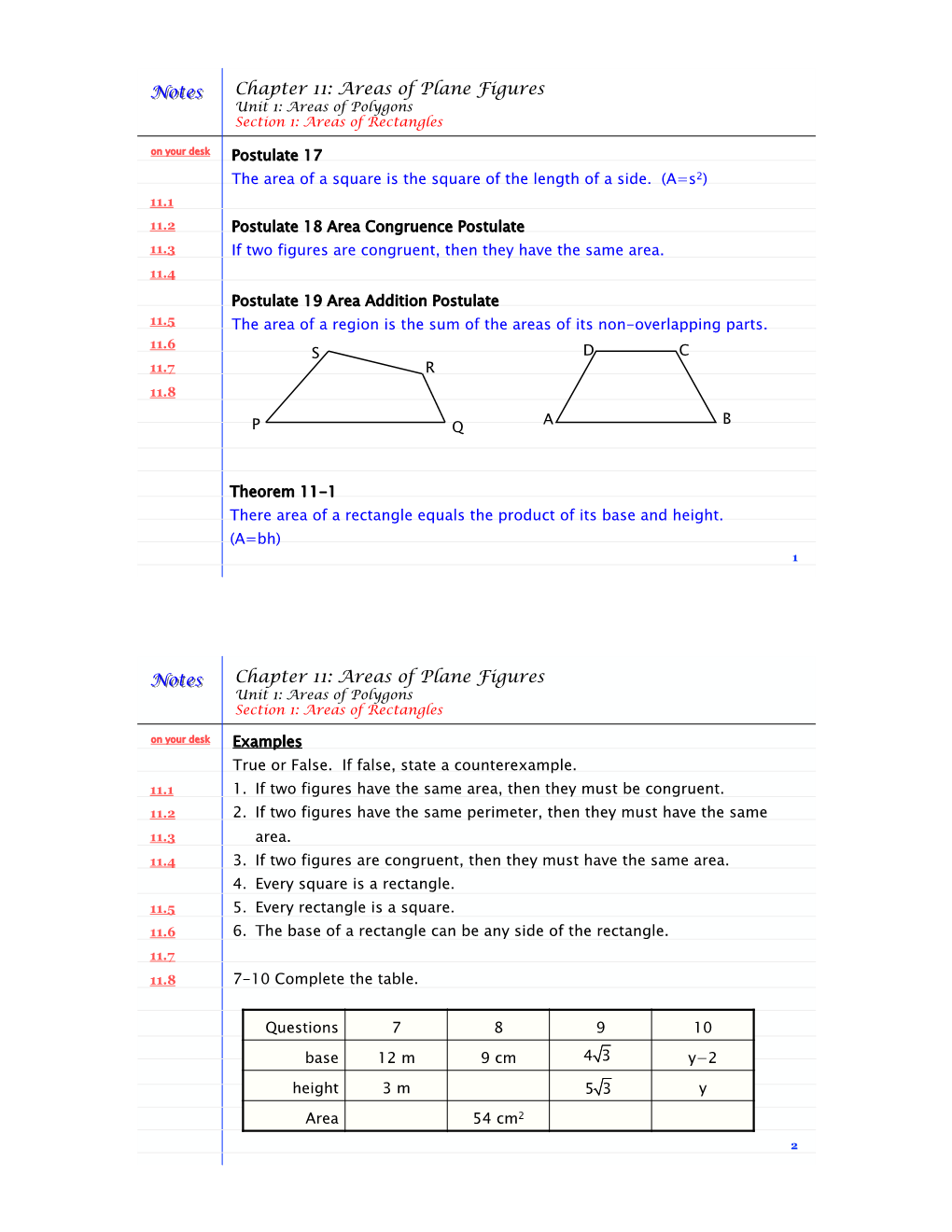 NOTES Geom Chap 11 Areas of Plane Figures