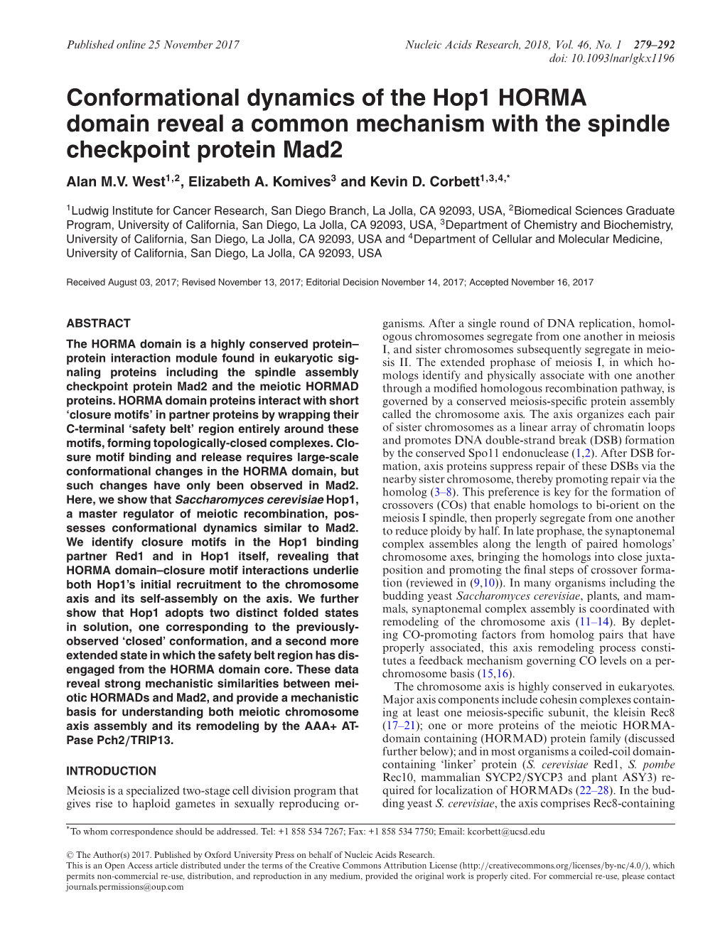 Conformational Dynamics of the Hop1 HORMA Domain Reveal a Common Mechanism with the Spindle Checkpoint Protein Mad2 Alan M.V