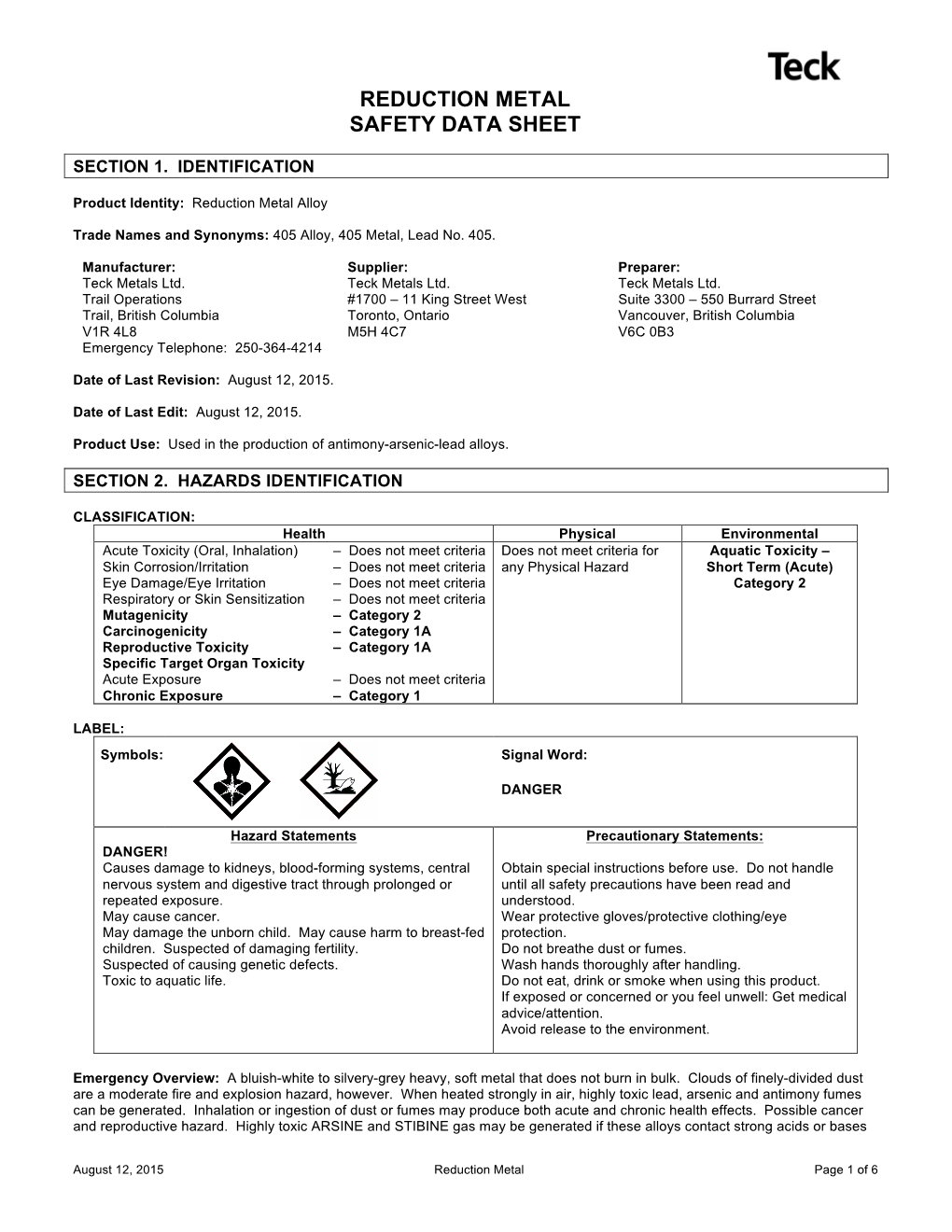 Reduction Metal Safety Data Sheet