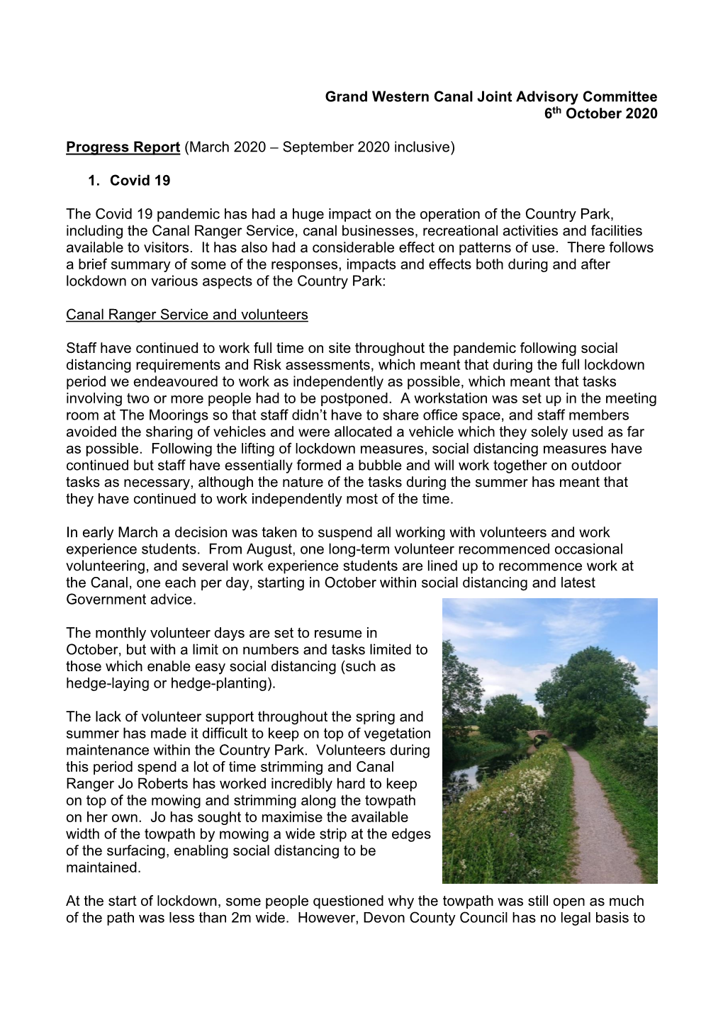 Grand Western Canal Joint Advisory Committee 6Th October 2020