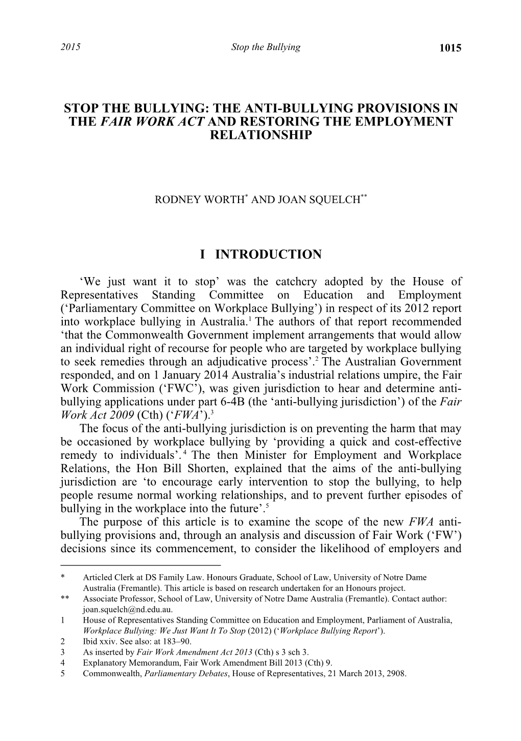 The Anti-Bullying Provisions in the Fair Work Act and Restoring the Employment Relationship